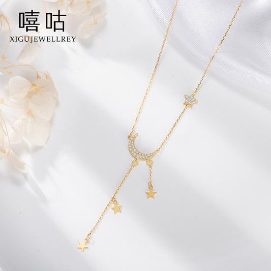 S925 Silver Star Moon Tassel Necklace for Women