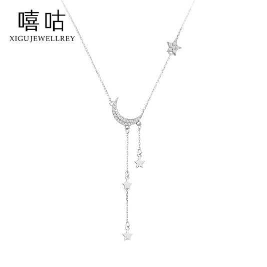 S925 Silver Star Moon Tassel Necklace for Women