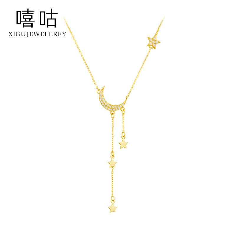 S925 Silver Star Moon Tassel Necklace for Women