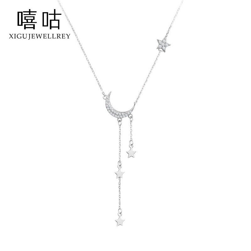 S925 Silver Star Moon Tassel Necklace for Women