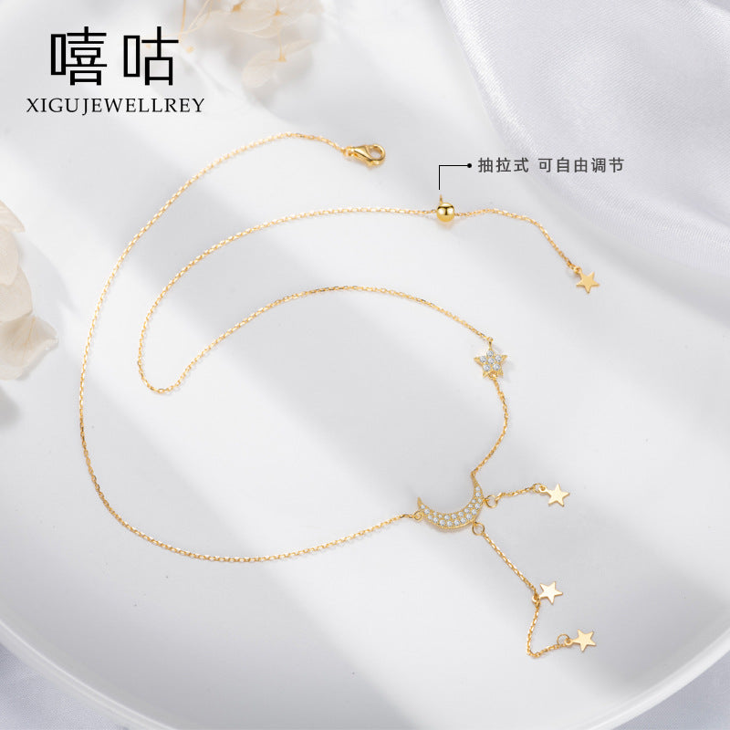 S925 Silver Star Moon Tassel Necklace for Women