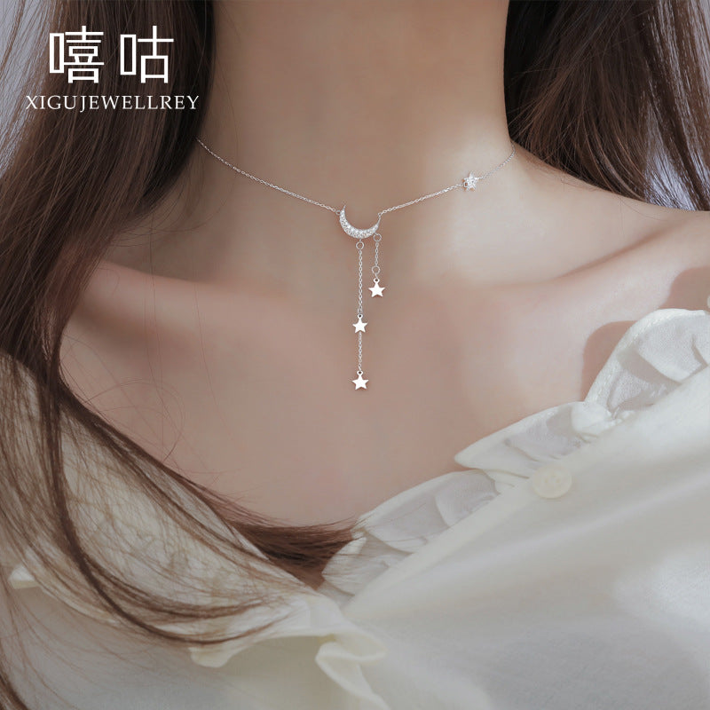 S925 Silver Star Moon Tassel Necklace for Women