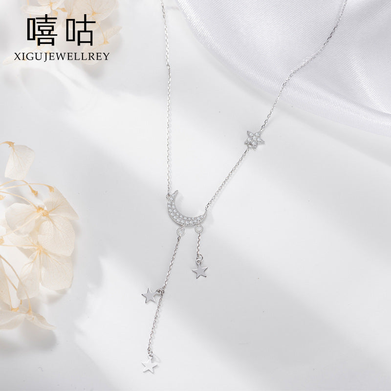S925 Silver Star Moon Tassel Necklace for Women